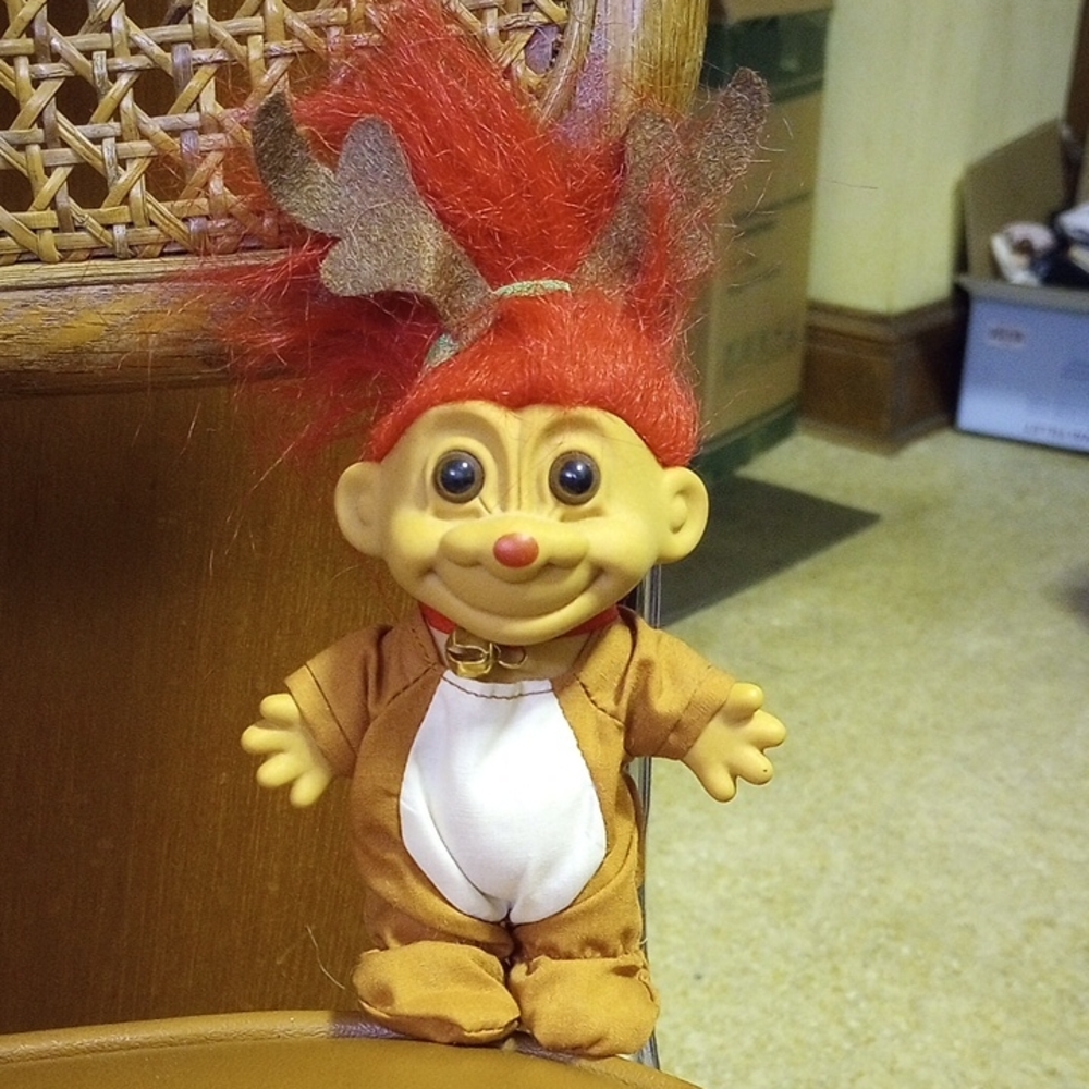 Vintage Russ Christmas Reindeer Troll Doll w/ Red Hair & Brown Eyes